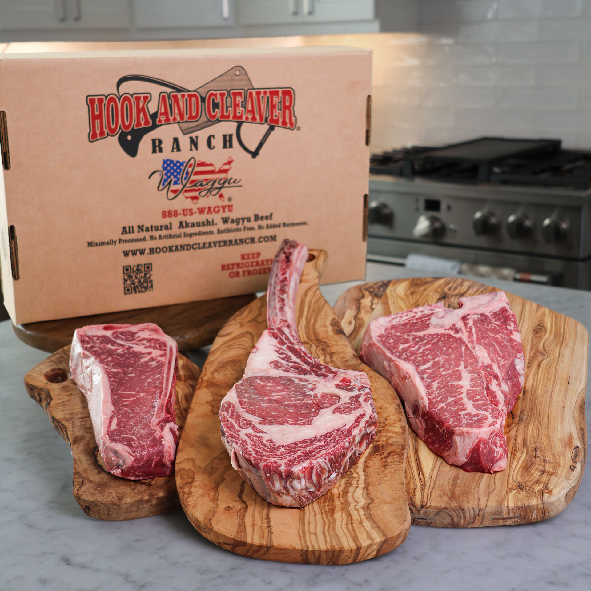 Bone-in Bundle by Hook and Cleaver Ranch featuring Kasnsas city bone-in NY, Tomahawk steak and a porterhouse.