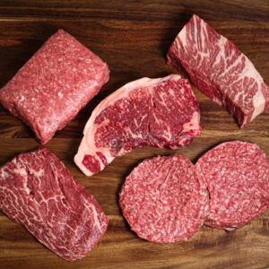 Hook and Cleaver Bundle. Contains New York Steak, Delmonico, Flat Iron, Ground Beef, 2 burger patties