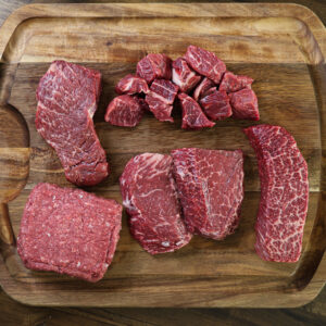 Starter Steak Bundle by Hook and Cleaver Ranch featuring two top sirloin steaks, delmonico, denver steak, premium ground beef, Top Sirloin Kabob