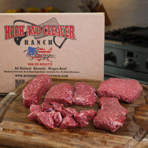 Starter Steak Bundle by Hook and Cleaver Ranch featuring two top sirloin steaks, delmonico, denver steak, premium ground beef, Top Sirloin Kabob